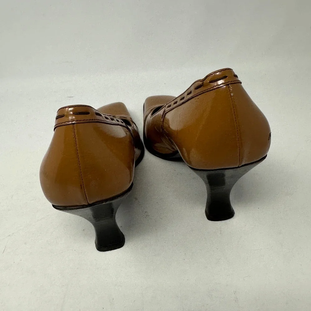 FABI Square Toe Pumps Womens 38 Tan Patent Leather Made in Italy Fair Whipstitch